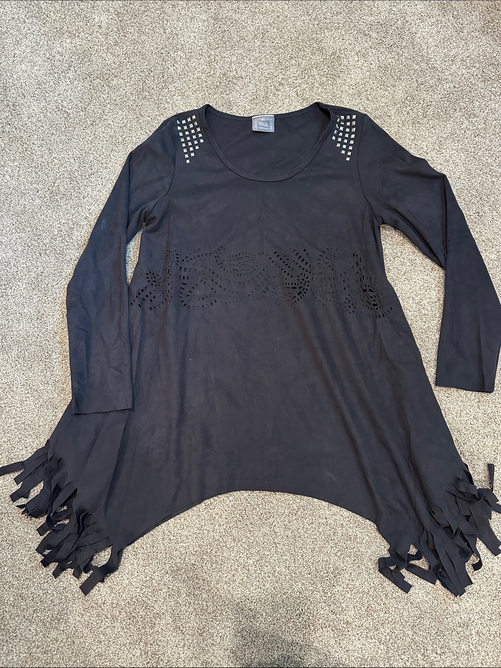 Vocal Black Long-Sleeve Tunic with Fringe & Studded Shoulders